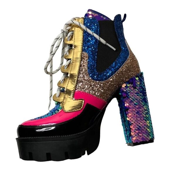 Cape Robbin Sequin Metallic Glitter Boot Heels Lace Up Rave Party Cosplay US 5.5 - Picture 3 of 11